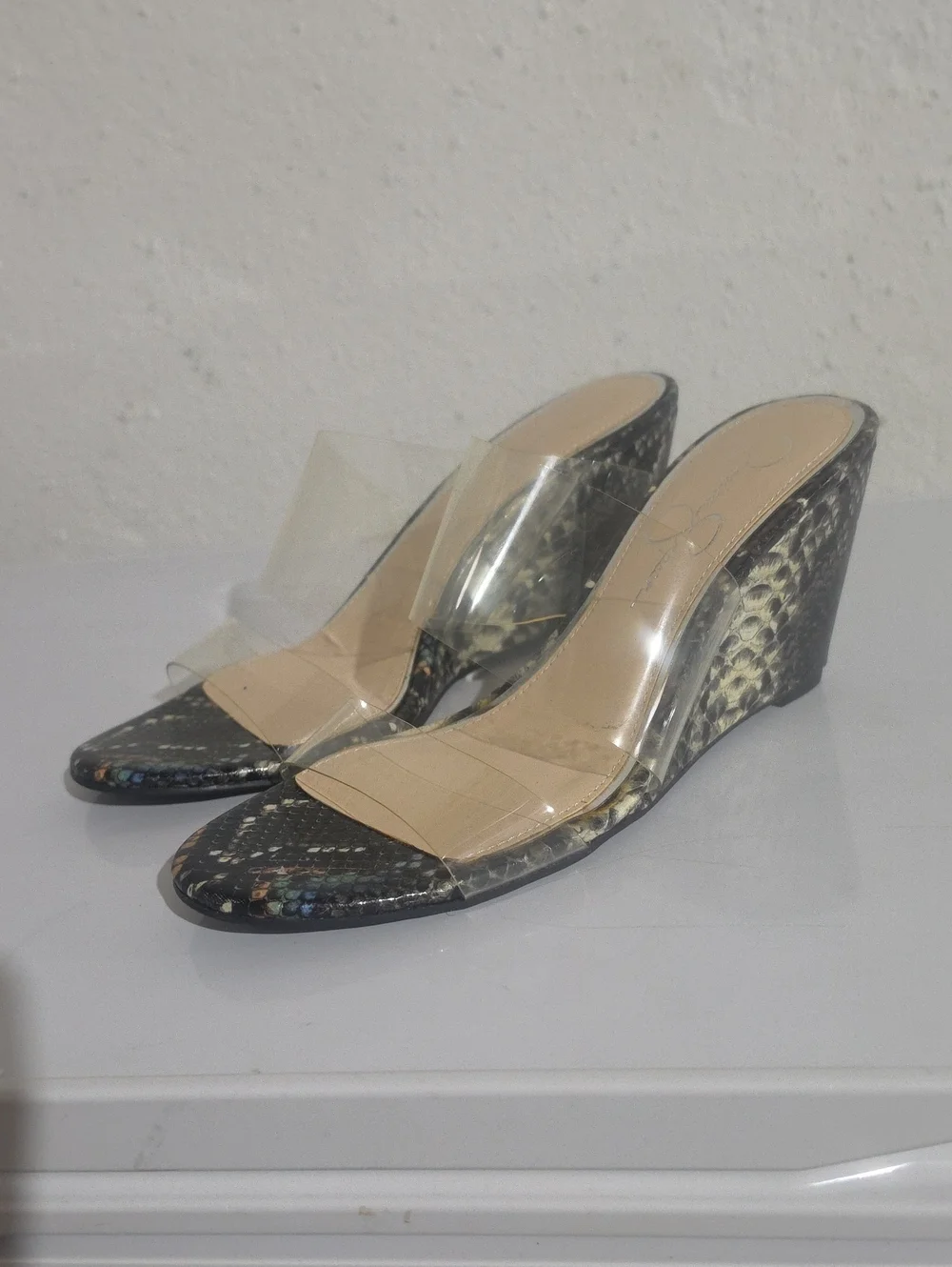 Jessica Simpson Clear Strap Snake-Print Wedge Sandals - Black/Beige